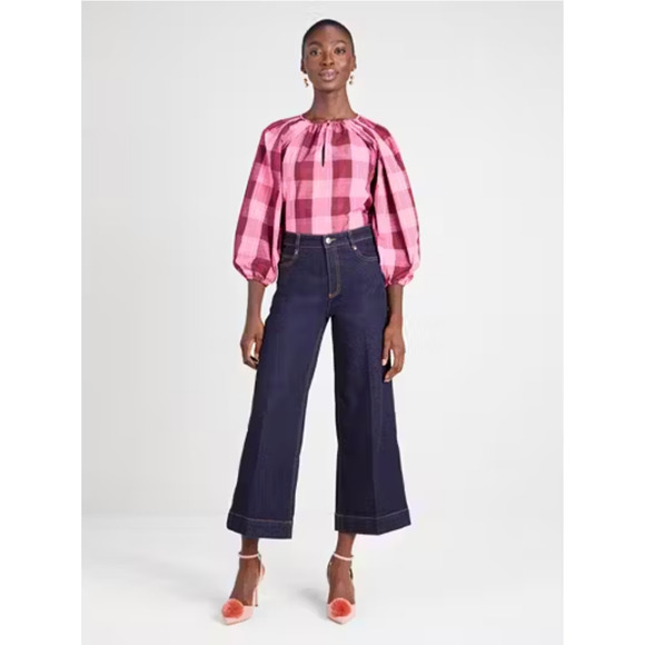 NWOT KATE SPADE Greenhouse Plaid Puff-Sleeve Top in Pink Multicolor Sz M W9313 - Picture 3 of 11